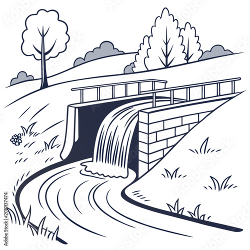 Foto Illustration of a water weir with flowing river in a natural landscape, spillway