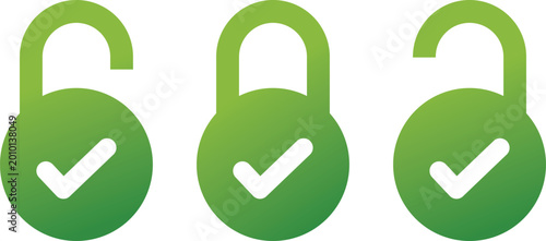 Tableau sur toile Three green lock with white checkmarks, one locked, two unlocked