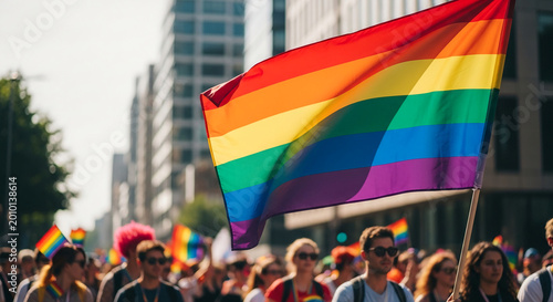 A large rainbow flag waves in the foreground of a crowd during an outdoor parade, symbolizing LGBTQ+ pride and community