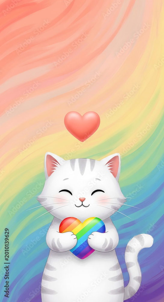 Fototapeta premium A smiling white cat holds a rainbow heart against a soft, gradient background, symbolizing pride, acceptance, and love, perfect for celebratory or inclusive themes