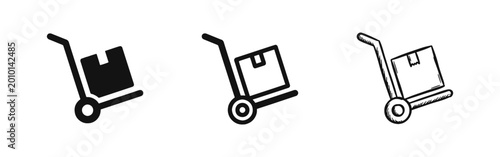 Tableau sur toile Logistics Hand Truck and Package Icons in Hand-Drawn, Outline and Solid Styles