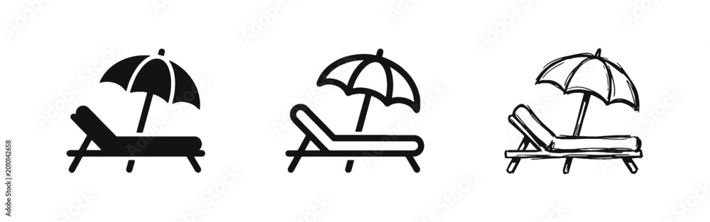 Fototapeta premium Beach Sunbed and Umbrella Icons for Summer Vacation and Travel Themes