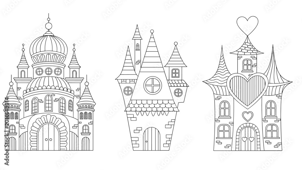 Fototapeta premium Intricate black and white outline drawings of three distinct fantastical castles or ornate fairytale buildings, each featuring unique architectural styles and details.