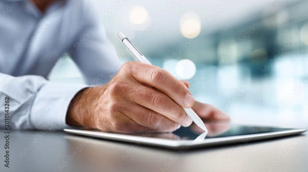 © CreativeArt - Hand holding a stylus pen, making a digital signature on a tablet screen. Concept of paperless, e signing, and technology © CreativeArt - Hand holding a stylus pen, making a digital signature on a tablet screen. Concept of paperless, e signing, and technology
