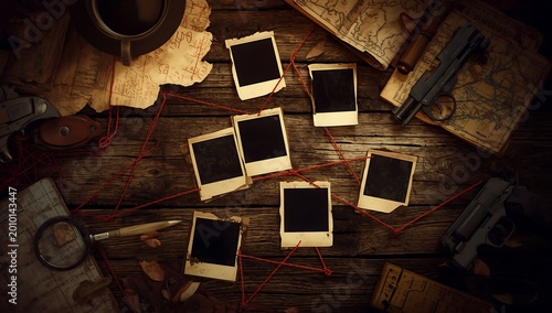 Vintage Travel Memories Scattered on Wooden Table.