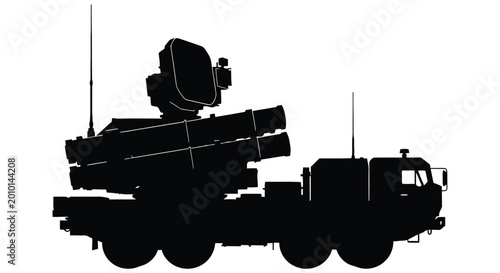 Fotografie Silhouette of a military vehicle with missile launchers side view against white