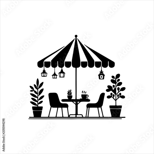 Outdoor cafe terrace with umbrella and plants