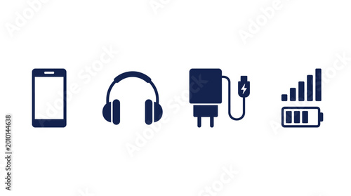 Key mobile technology icons, representing smartphone, headphones, charger, and network signal, isolated white background.