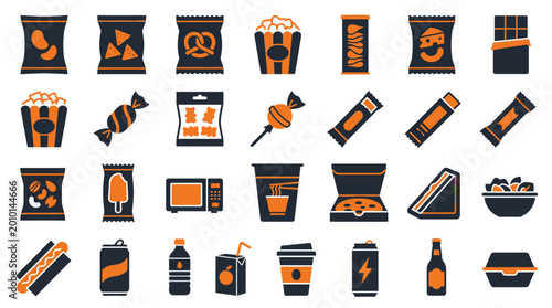 Extensive collection of fast food and takeaway snack icons, showcasing popular convenience meals and treats, isolated white background.