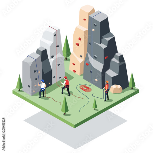 Isometric Illustration People Rock Climbing on Artificial Outdoor Walls with Trees and Equipment