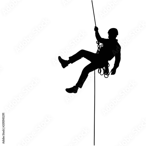Foto Silhouette of a man rappelling down a rope against a white background representi