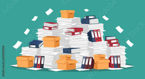 Tableau sur toile Office paperwork, file organization, business documents, colorful illustration,