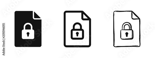 Fotografie Secure Document Icon Set with Padlock Symbol in Solid Outline and Hand Drawn Sty