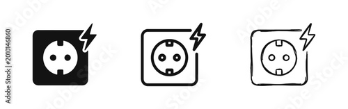 Electric power socket icons set with lightning bolt symbol in solid, outline and hand drawn sketch styles.