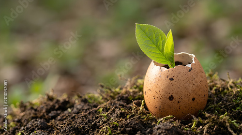 Concept of rebirth: a small eggshell with a green plant emerging on soil background