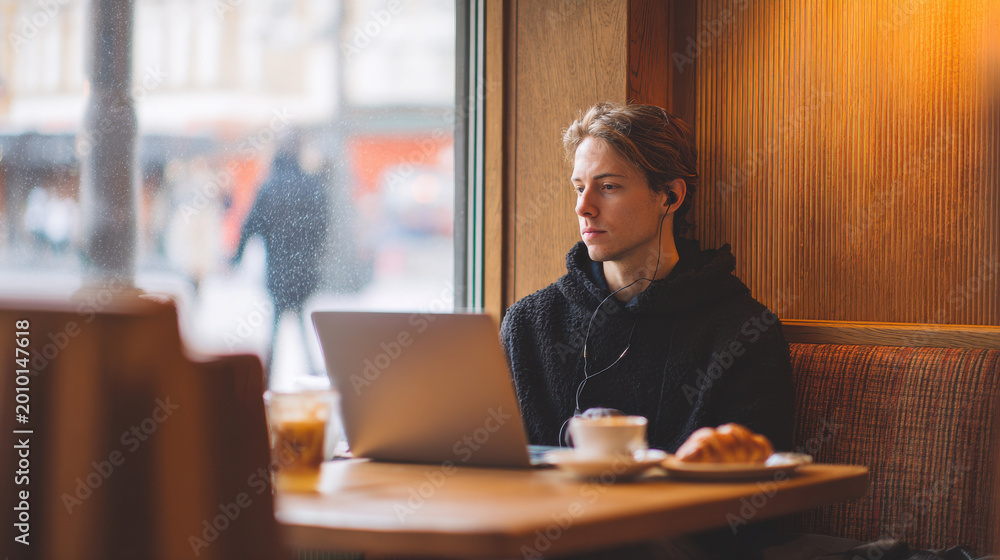 Fototapeta premium Person Working On Laptop In Cozy Cafe With Coffee And Pastry. Remote Work And Relaxation In Urban Setting