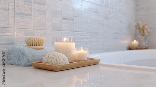 Spa-Inspired Bathroom With Candles And Bath Accessories. Relaxation And Self-Care Ambiance