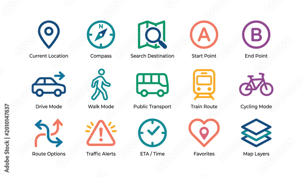 Fototapeta premium Navigation and transport icons arranged in grid with labels on white