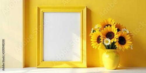 Bright Yellow Frame with Sunflowers in a Vase on a Sunny Day