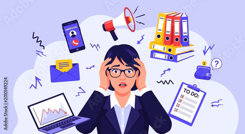 Bild auf Leinwand Overwhelmed businesswoman, stressed office worker, frustrated professional, work
