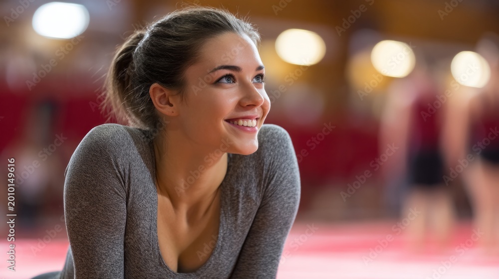 Obraz premium Cheerful athletic woman looking up with a big smile, resting during a workout in a modern fitness studio