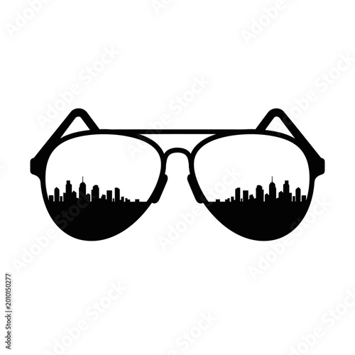Stylish Aviator Sunglasses Reflecting a Distant City Skyline Silhouette.