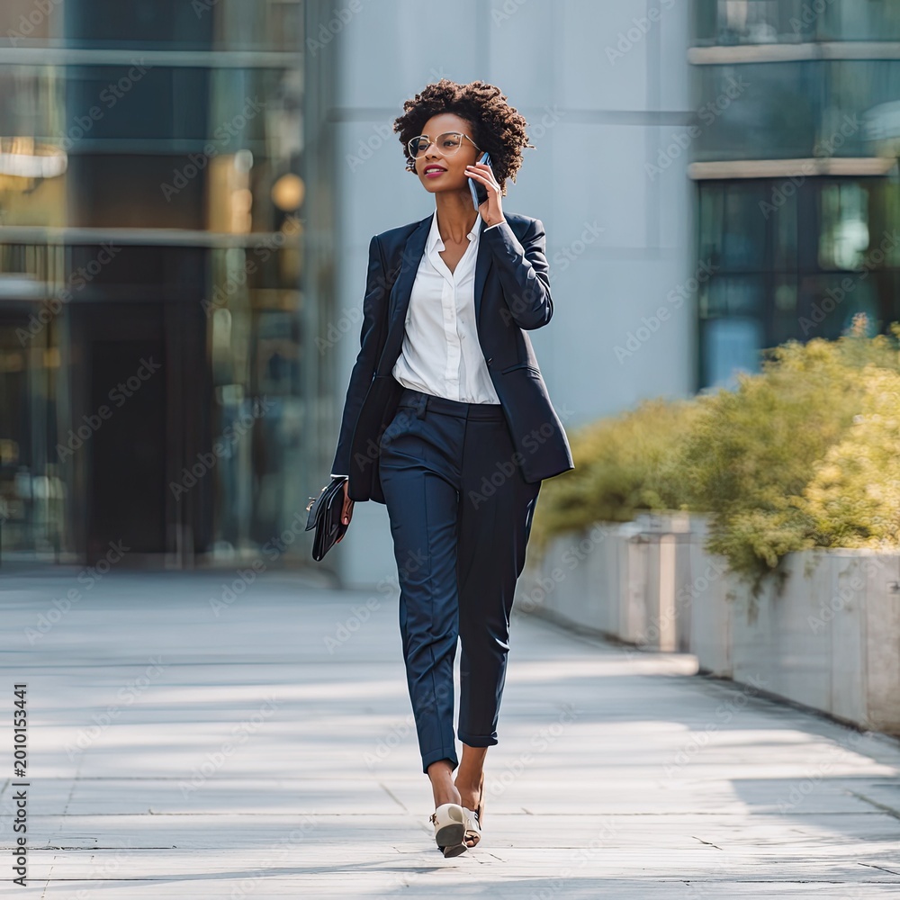 Fototapeta premium Confident Young Businesswoman Walking Outside in Formal Suit Talking on Phone