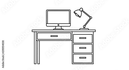 Canvastavla Office desk, computer workstation, minimalist vector illustration, line art, bus
