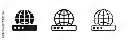 Fotografia Global network and internet icons set featuring a world globe icon in three distinct visual styles