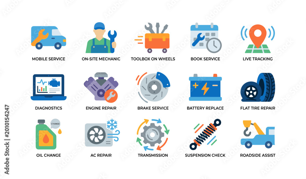 Fototapeta premium Automotive maintenance icons showing service types in grid