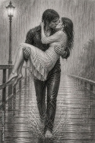 Romantic pencil sketch of a man carrying a woman in his arms while sharing a passionate kiss in the pouring rain on a bridge