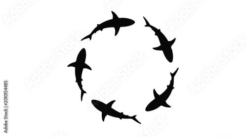 Circle of sharks silhouette marine predators swimming in a group formation