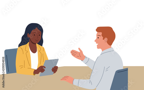 Obraz na płótnie Modern flat vector illustration of a job interview scene featuring a female recruiter holding a resume clipboard and a male candidate talking at a desk, isolated on white background