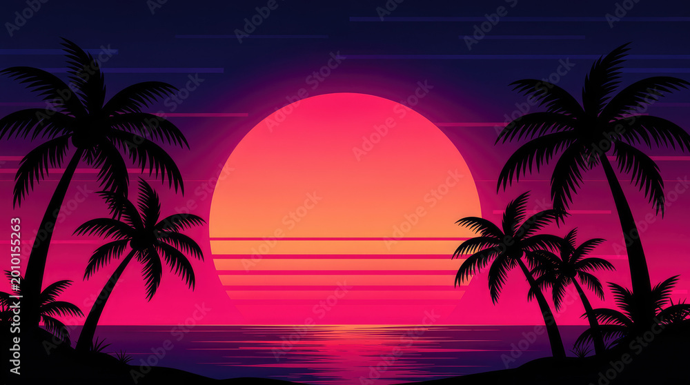 Fototapeta premium Retro synthwave style beach landscape with dark palm tree silhouettes against a vibrant neon pink and purple sunset sky over a dark ocean horizon