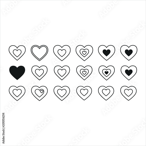 A set of red and pink heart icons and symbols in a romantic vector illustration for Valentine's Day wedding decoration or passion card design