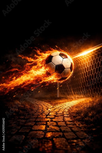 Dramatic image of a flaming soccer ball flying into a goal net above a glowing stone path at night