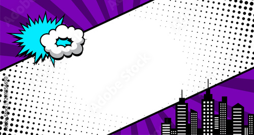 Pop Art Comic Banner City Background. Urban Skyline with Speech Bubble Copy Space