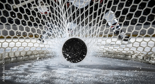 Close up of hockey puck hitting the net with ice spray action