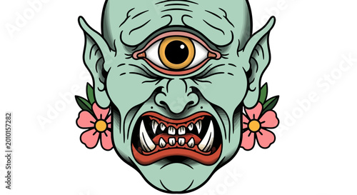 Tableau sur toile Cyclops monster head, green skin, one eye, sharp teeth, floral earrings, cartoon