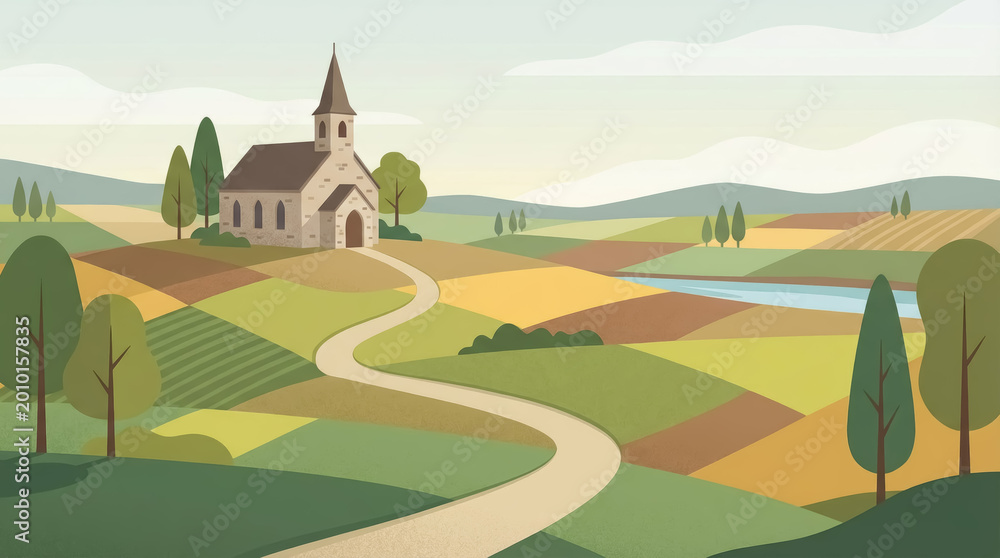 Naklejka premium Winding path leading to a stone church on a hillside surrounded by patchwork agricultural fields and trees in a flat style