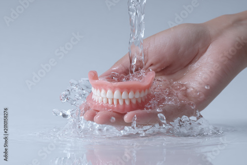 Cleansing Dentures: A close-up shot captures the meticulous cleaning of dentures under a stream of fresh water, highlighting the importance of oral hygiene and dental care.