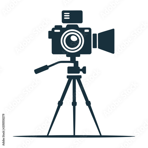 Professional dslr camera on tripod with light and reflector flat design vector