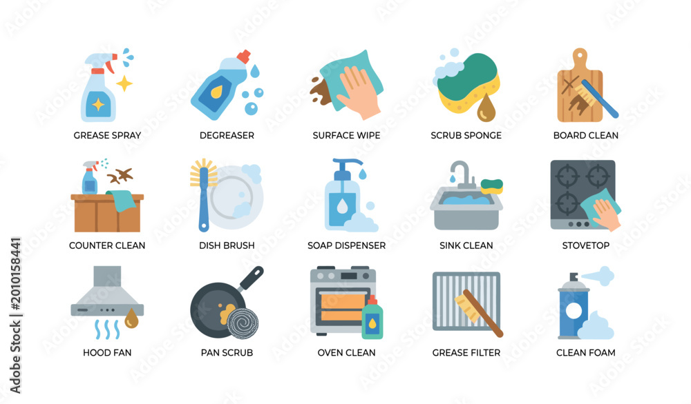 Fototapeta premium Kitchen cleaning supplies and actions arranged in grid