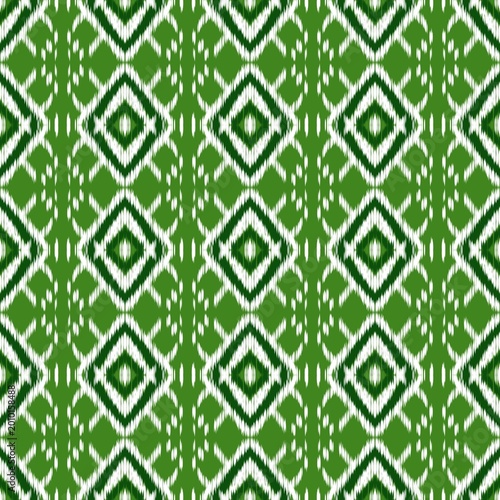 Green and White Ikat Seamless Pattern with Geometric Tribal Ornaments