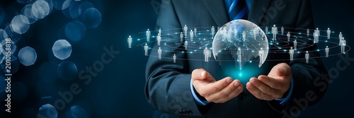 Global digital network concept with earth globe in hands representing data connection and technology