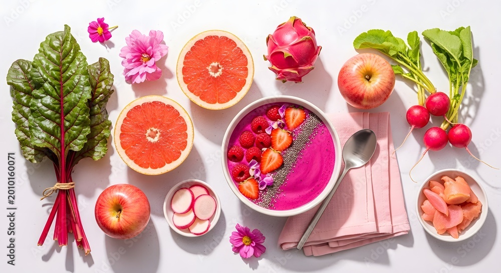 Naklejka premium Fresh fruits and vegetables arranged on a white surface vibrant still life
