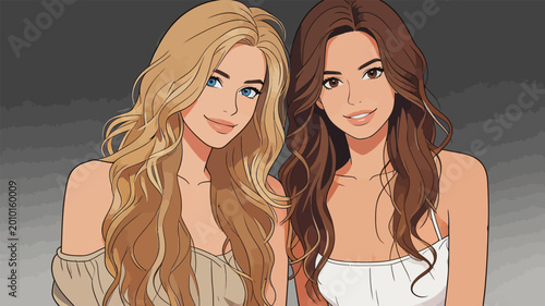 Two Beautiful Female Friends Posing for a Portrait Illustration