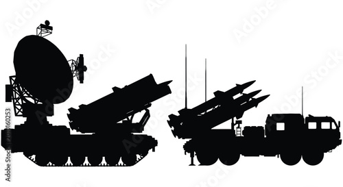 Foto Silhouette of a mobile radar system with missile launchers on vehicle platforms