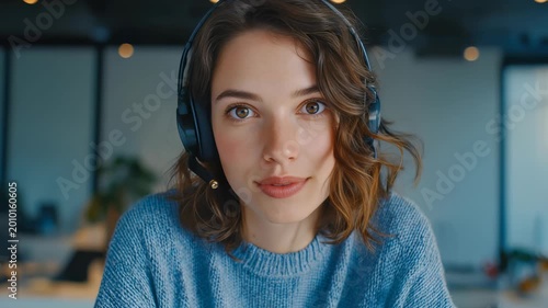 Portrait of a cheerful female employee engaging in an online meeting, exuding positivity and approachability. Modern workspace background highlights remote work and digital communication trends