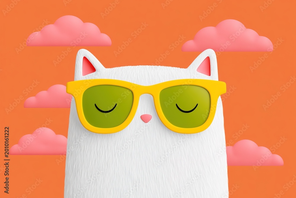 Fototapeta premium Cute white cat wearing yellow sunglasses relaxes under pink clouds